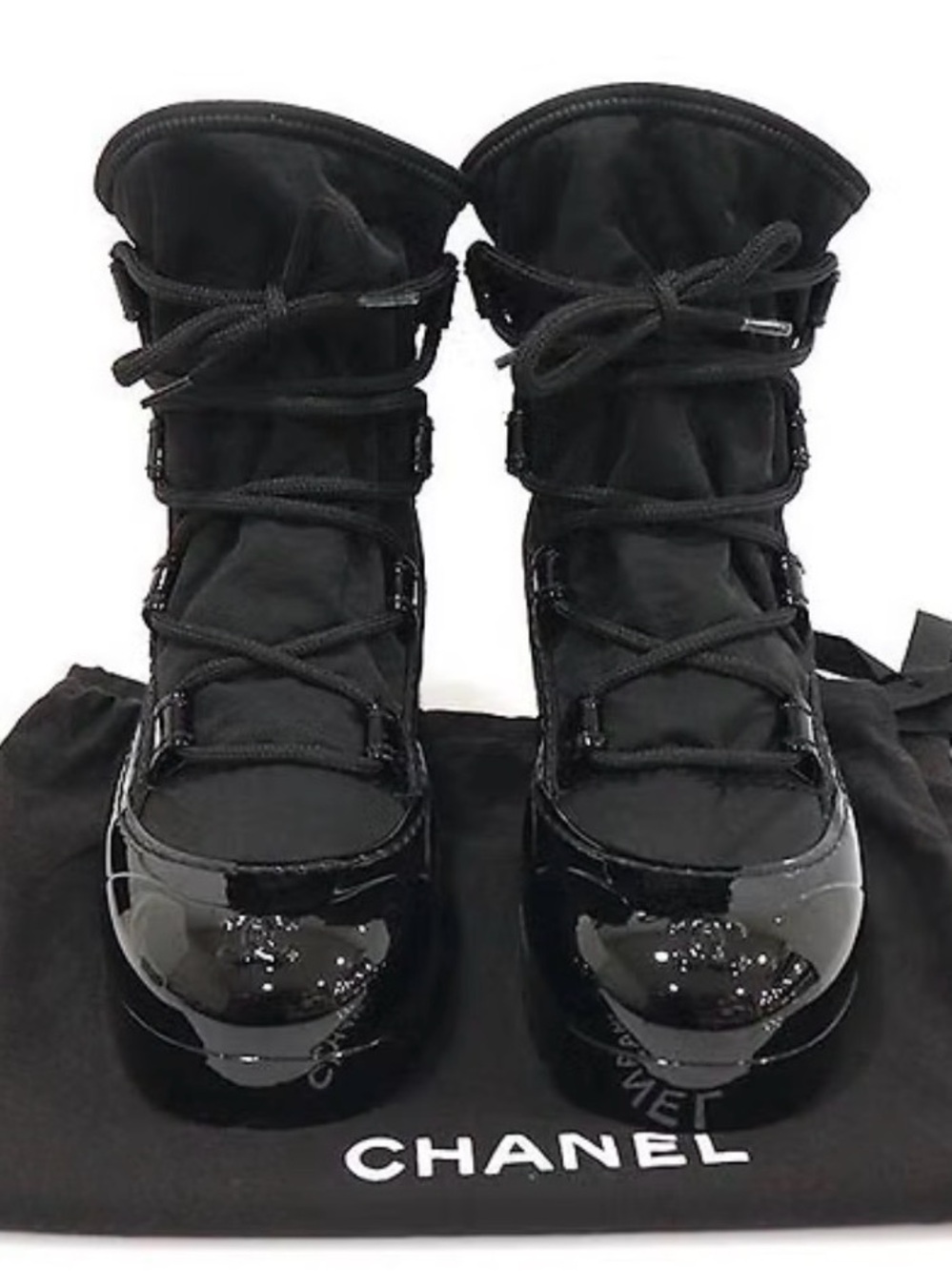 CHANEL Black Quilted Lace-Up Patent Toe Winter Boots